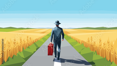 Low poly traveler in wheat field landscape with luggage on rural road