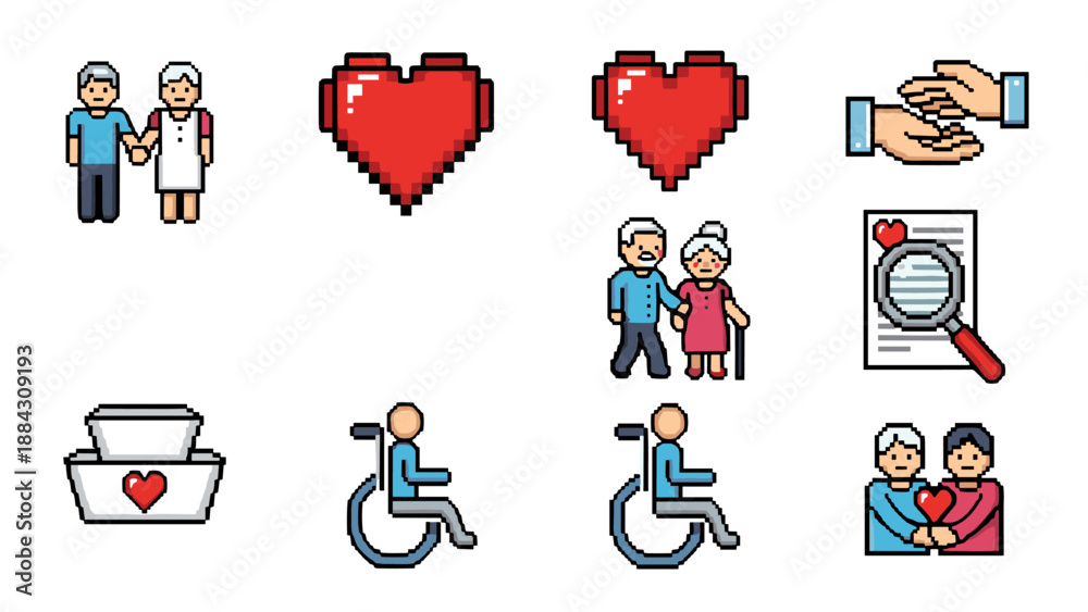 Fototapeta premium Pixel art icons for elderly care and support services