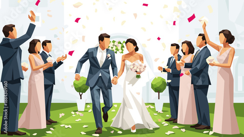 Joyful wedding celebration in low poly style with happy couples and guests