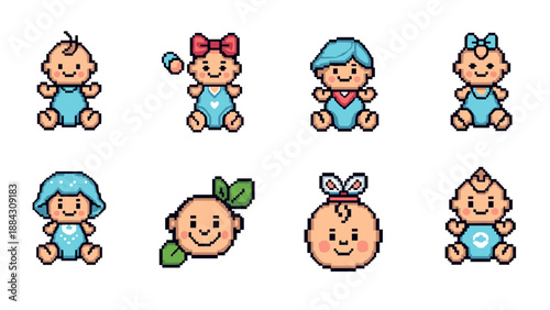 Cute pixel art babies with different accessories and hairstyles
