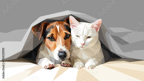Geometric dog and cat under blanket in low poly art style