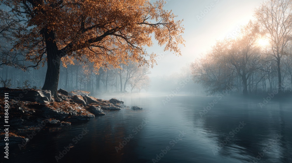 Fototapeta premium Serene autumn morning mist over river nature photography calm environment gigapixel view