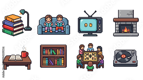 Cozy home activities in retro pixel art style featuring family, games, and relaxation