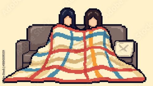 Cozy pixel art scene of two people sitting on a sofa covered with a colorful blanket