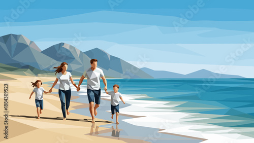 Geometric family beach walk with mountains and ocean scene