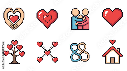 Pixel art love icons set for valentine's day and romantic themes
