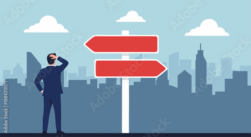 Businessman looking at two blank red signs in the city, indicating a choice or direction