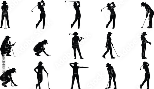 Female golf player silhouettes set showing swing, putt, aim and walk poses, elegant sports illustration for golf design use