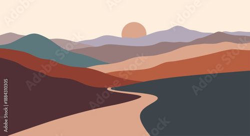 Serene abstract landscape illustration with rolling hills and a winding path under a muted sun