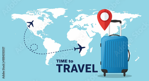 Time to travel around the world with a suitcase and airplanes marking destinations on a world map - a concept of global exploration