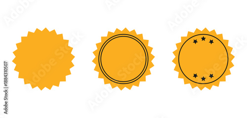 Gold award badge set. Round rosette seals with stars. Empty certificate labels. Flat vector design for achievement, branding and quality marks
