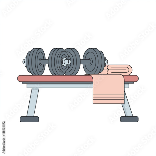 pair of dumbbells resting on gym bench close-up in modern fitness center with bright lighting concept of personal training, gym equipment, health club