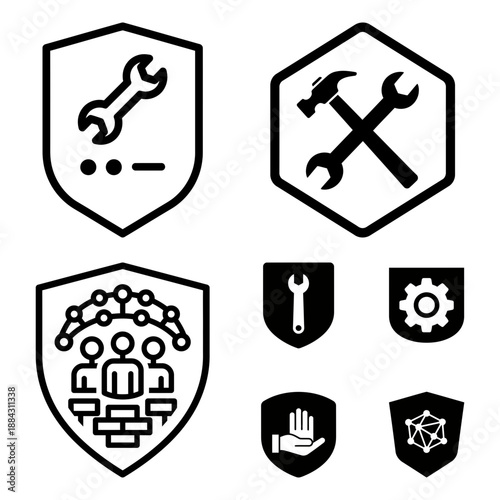 May Day labour service shield with tools and protection symbol