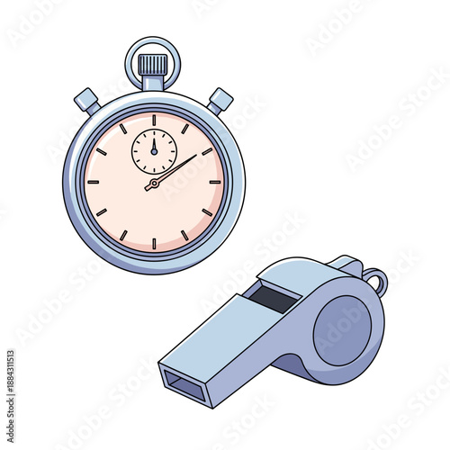 stopwatch and whistle placed on wooden table close-up with sports background concept of coaching equipment, sports training, referee tools