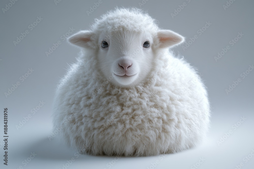 Fototapeta premium Cute Fluffy White Baby Lamb on Plain Background fluffy white cute baby animal sheep adorable woolly