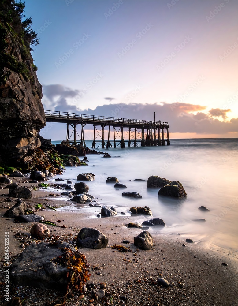 Fototapeta premium Pier extending into ocean, next to rock face, serene light, and blurred water motion captured in the golden hour