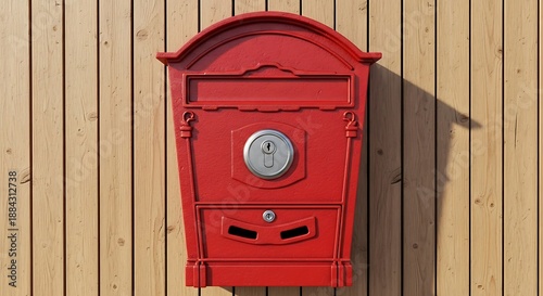 Elegant red mailbox with keyhole mounted on wooden fence with sunshine shadow.