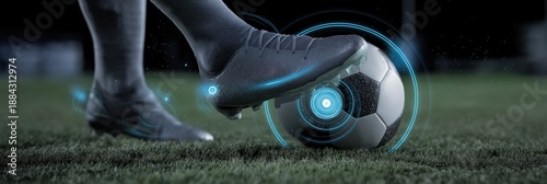 Player foot in soccer boot touching ball on green grass field at night. Blue digital technology overlay highlights contact point, suggesting data, precision, or sport performance