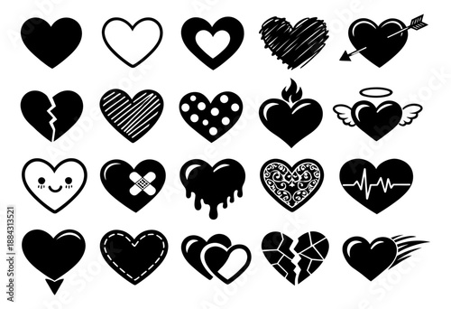 Graphic heart illustration set featuring diverse love and emotion symbols for romance and health awareness