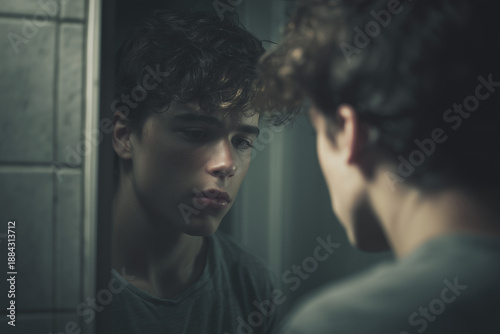 Teen self-esteem and social pressure, teenage boy looking at his reflection in dark mirror