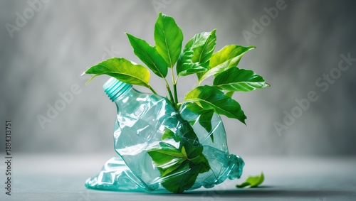 A green plant sprouts from a crumpled plastic bottle, symbolizing renewal and ecology. AI-generated.