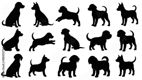 Multiple puppy silhouettes in various playful poses.