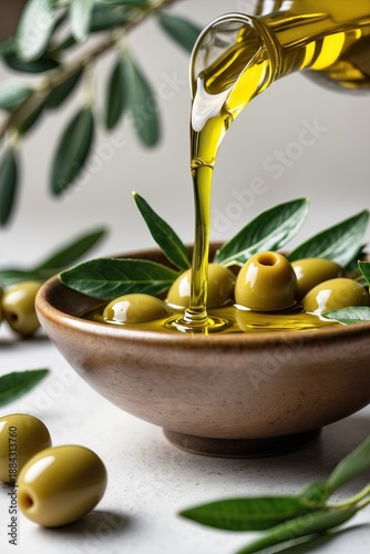 Olive oil pours from a glass bottle into a wooden bowl, surrounded by fresh olives and olive tree branches. AI-generated.