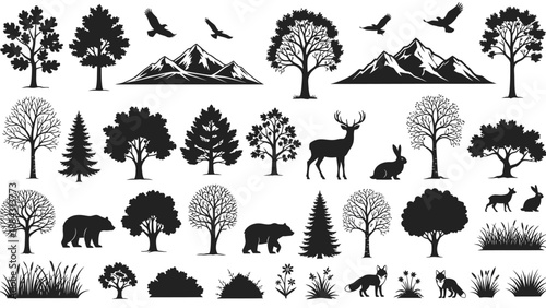 Collection of Silhouetted Forest Animals and Trees.