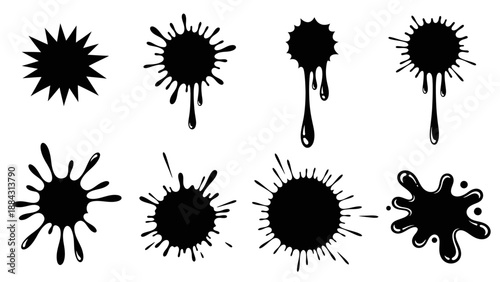 Collection of black ink splatter shapes isolated.