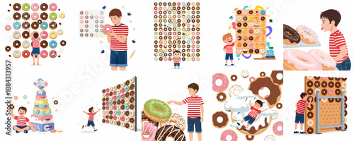 Sweet childhood moments: Illustrations of boys enjoying, craving, and being surrounded by colorful glazed donuts in bakery settings and fantasy scenes.