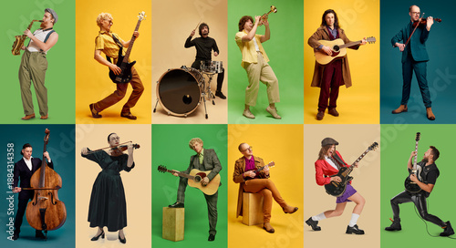 Foto 10 musicians playing different instruments in studio collage with colorful backgrounds