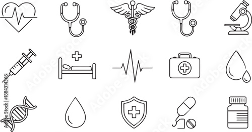 Essential Line Art Medical and Healthcare Icons Set for Health and Wellness Design
