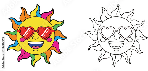 Cartoon sun with rainbow rays wearing heart shaped sunglasses with a black and white line art coloring book version summer holiday and Valentine love vector illustration for kids