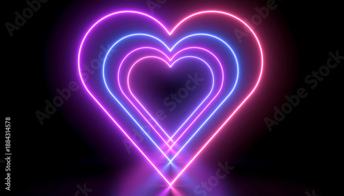 Neon glowing heart shapes in pink and blue colors on black background creating romantic and vibrant light effect