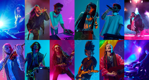 Billede på lærred Composition of 8 modern musicians performing live under colorful stage lights