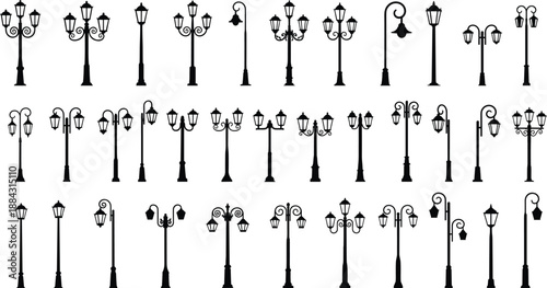 Collection of vintage street lamp silhouettes, decorative lantern pole designs, classic outdoor lighting icons for cityscape, park, and architectural illustration projects