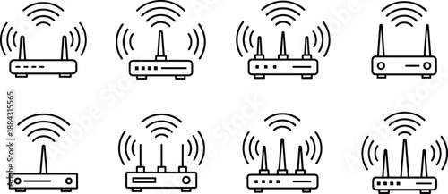 Collection of WiFi router icons featuring wireless signal transmitters, dual and triple-antenna modems, internet network devices in clean line vector style
