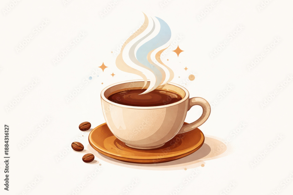 Obraz premium Cozy illustration of hot coffee cup with rising steam. simple, minimal brown beverage design on clean background, conveying sense of warmth and comfort for morning break