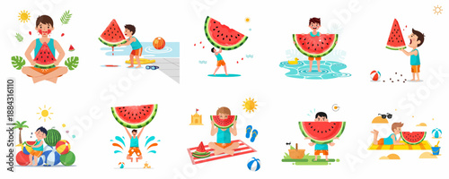 Cute boy enjoying watermelon in different summer scenarios: beach, pool, picnic, and outdoor activities vector collection.