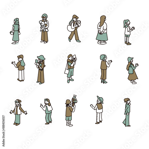 情報を確認したり発信したりする女性の人物イラスト素材セット