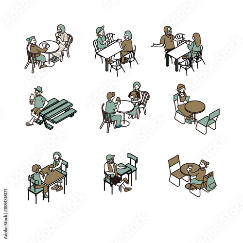 テーブルを囲んで話し合う人々の打ち合わせ・相談シーンのイラスト素材セット