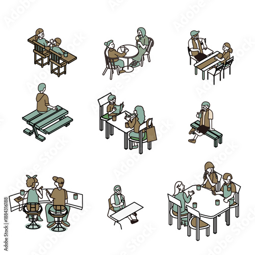 テーブルやベンチで座って過ごす人々の休憩・会話シーンのイラスト素材セット
