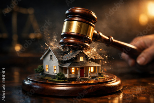 Dramatic symbolic justice concept with court gavel delivering final judgment on house. This powerful scene represents property law, legal disputes, and foreclosure