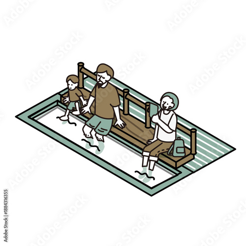 足湯でくつろぐ人々を描いた温泉イメージのイラスト素材