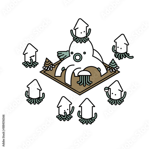 タコとイカのキャラクターをかわいく描いたイラスト素材