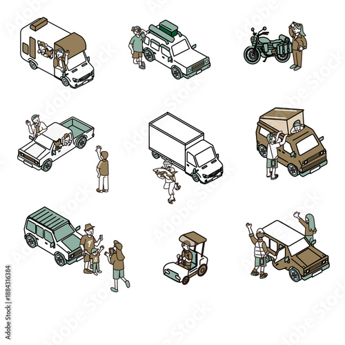 アウトドアシーンで使える車と人物の組み合わせイラスト素材セット