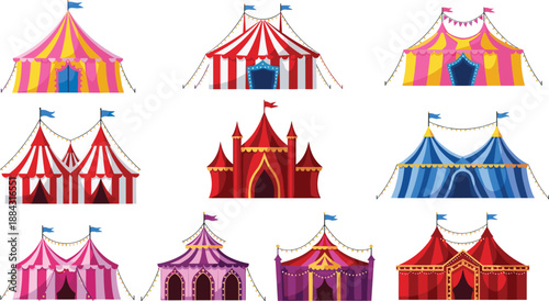 Colorful circus tent illustrations, carnival festival tents collection, whimsical big top designs, vibrant fairground structures for entertainment, celebration, and creative design projects