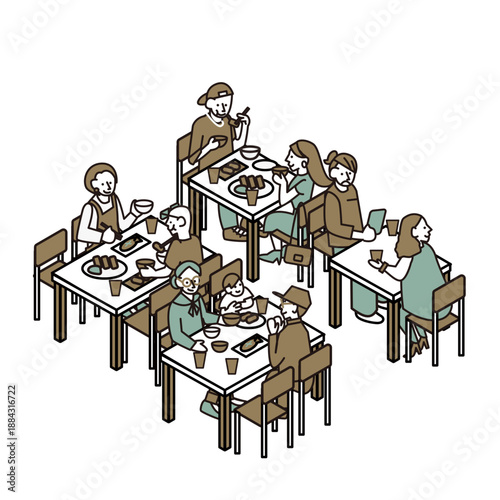 レストランで複数人が食事を楽しむ様子の人物イラスト素材