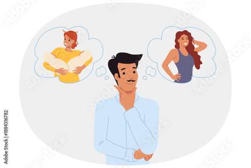 Love triangle between man cheating on disappointed wife with babies in arms, with young lover. Love triangle among guy and two girls symbolizes lack of moral guidelines in society.