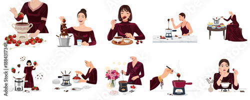 Collection of illustrations showing women preparing and enjoying chocolate fondue with fresh strawberries for dessert.